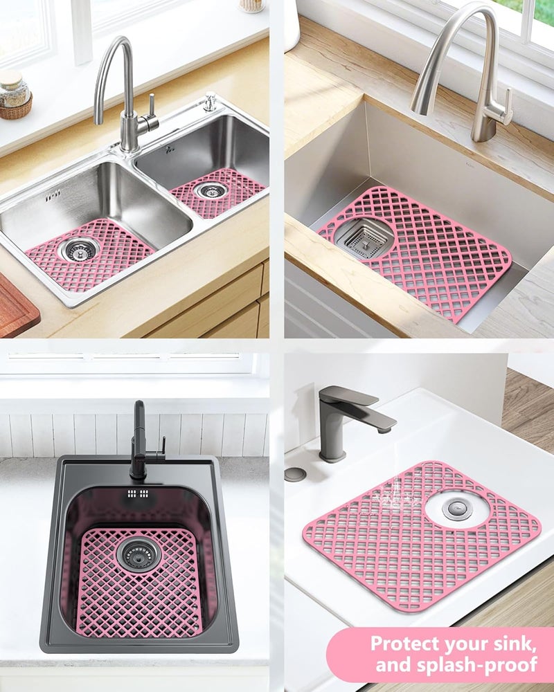 BEHOK Store 2 Pack Silicone Sink Protectors for Kitchen Sink, Lozenge Pattern 13 x 11 Inches Sink Mat, Non-Slip and Durable Sink Protector Silicone, Rear Drain, Pink - Image 3